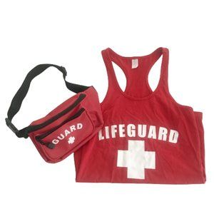 LIfeguard Racerback Tee with Guard Belt Bag Belt Whistle Red Adult Medium